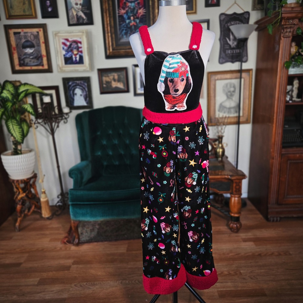 Born Famous Christmas Overalls Jumpsuit XS Black Velvet Dachshund Sherpa Trim